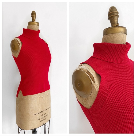 Italian knit red sleeveless turtleneck sweater.
